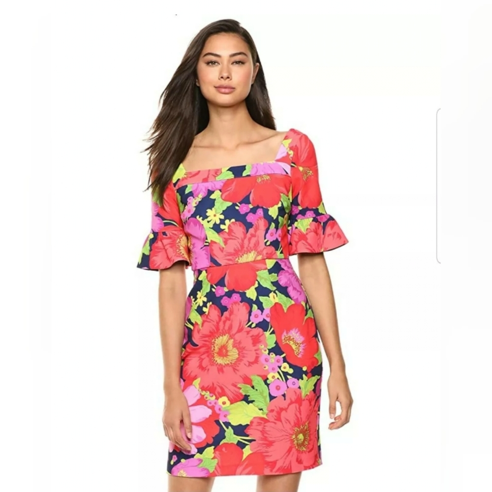 Trina Turk Ruffle Sleeve Square Neck Shift Dress